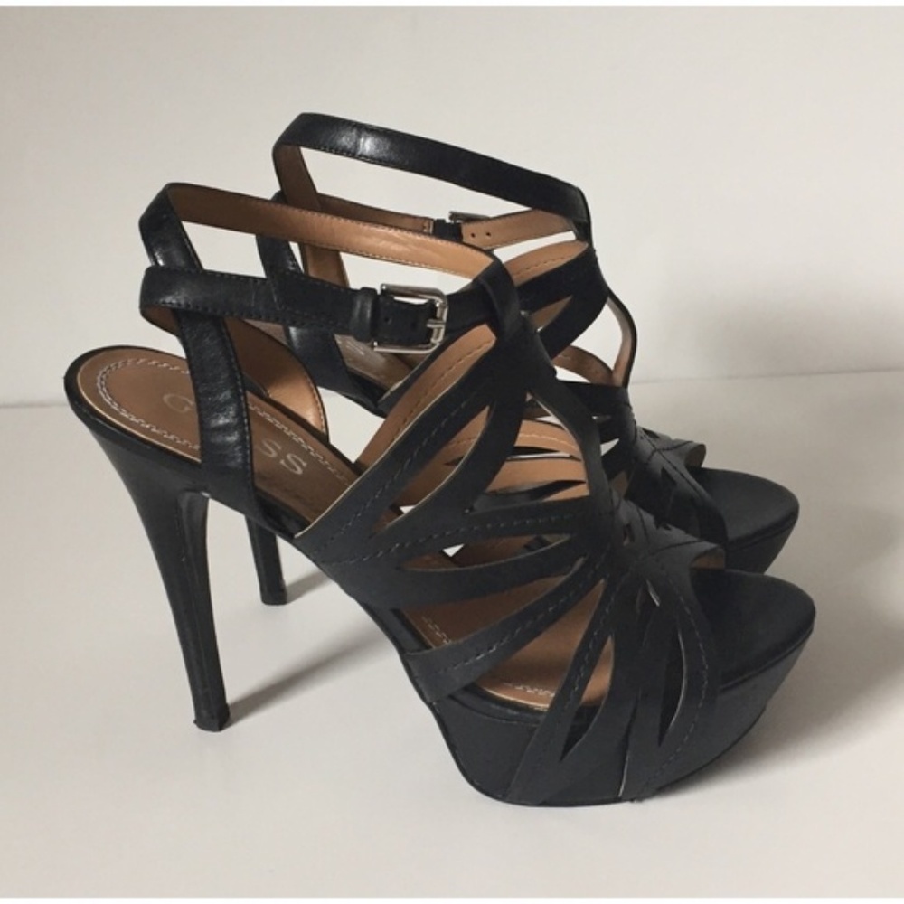 Guess Black Leather Strappy Heels
